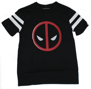 Deadpool (Marvel Comics) Mens T-Shirt - Striped Sleeves Classic Logo Iamge