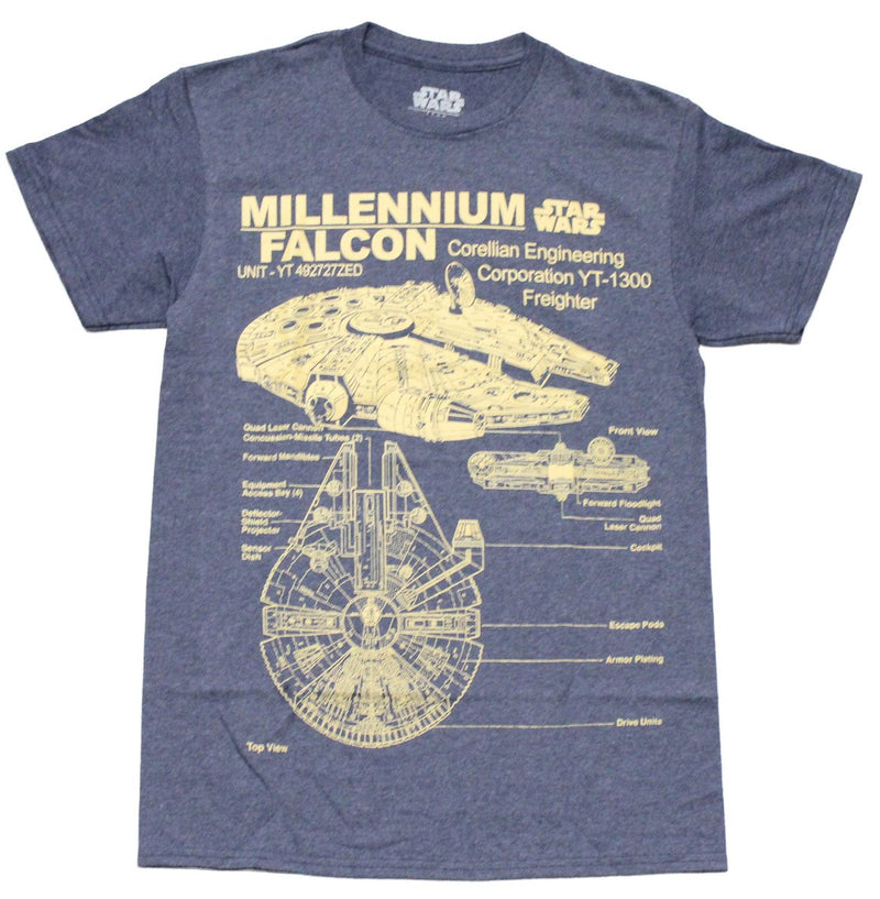 Star Wars Mens T-shirt - Millennium Falcon Corellian Engineering Blue Print - Inmyparentsbasement.com