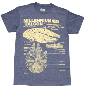 Star Wars Mens T-shirt - Millennium Falcom Corellian Engineering Blue Print