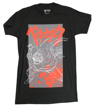 Berserk Mens T-Shirt - Battling Guts Splatter Image Under Logo