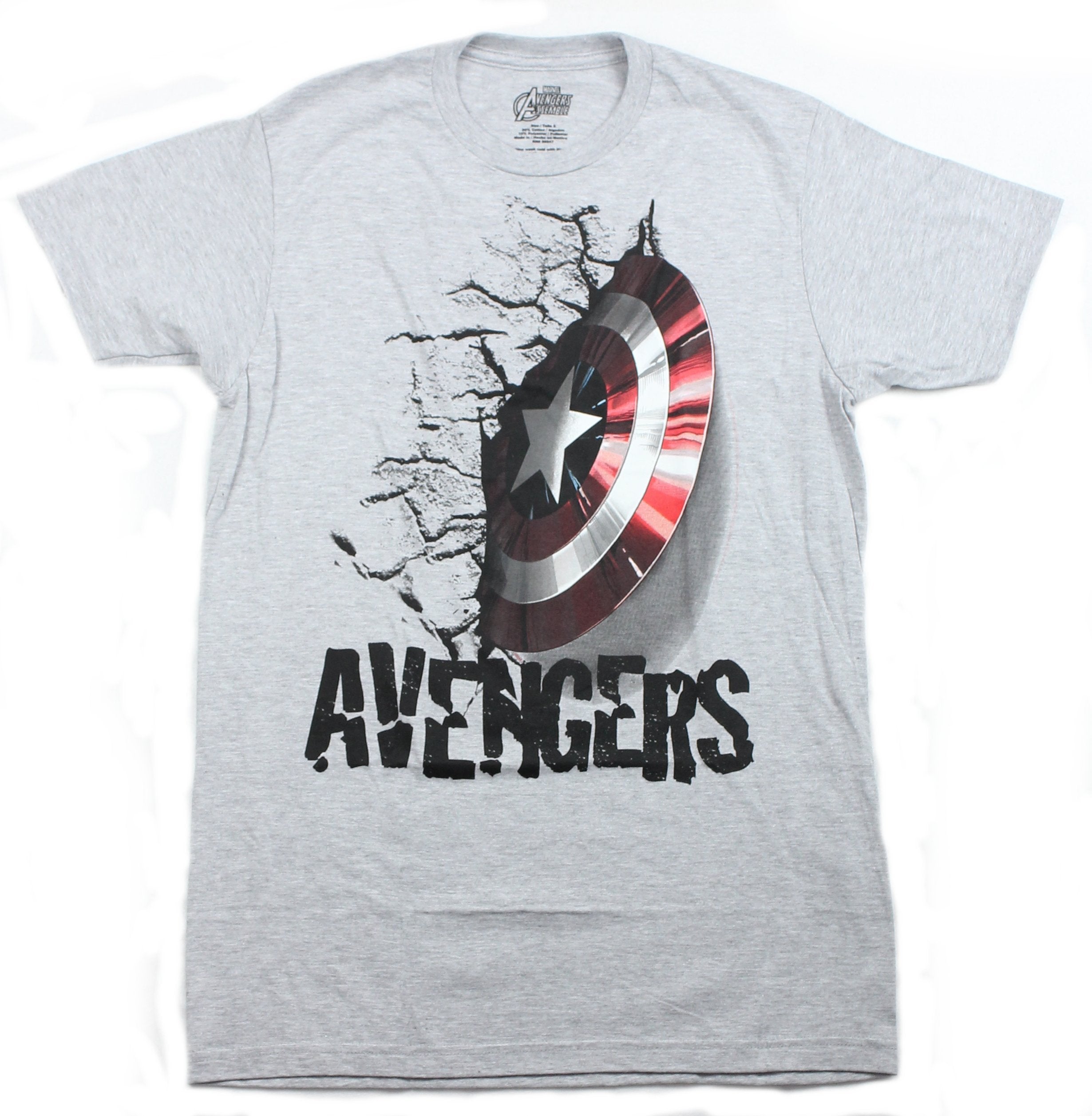 Captain America (Marvel Comics) Mens T-Shirt - Avengers Shield Stuck Wall Image