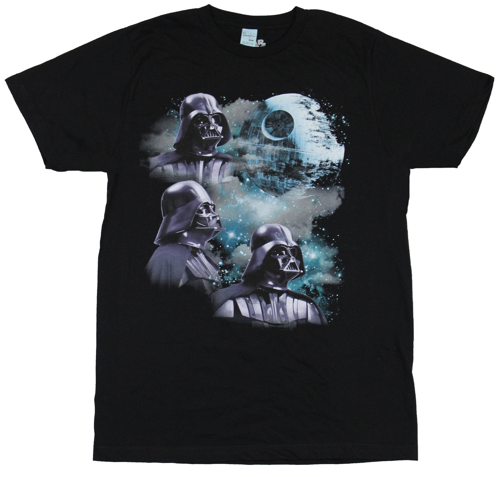 Star Wars Mens T-Shirt - Triple Darth Vader moon Smoke and Death Star Image