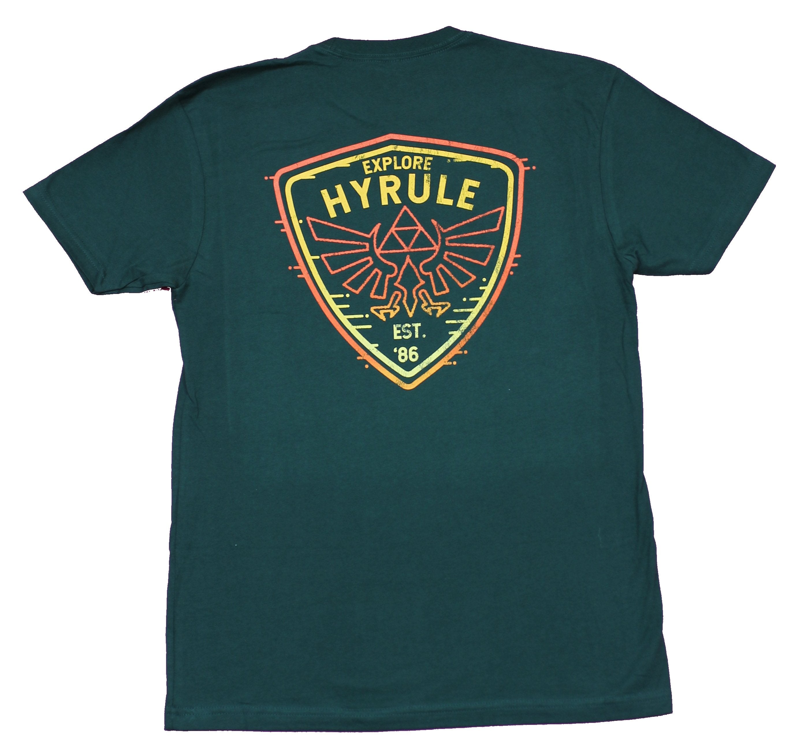 Legend of Zelda Mens T-Shirt - Explore Hyrule Lapel & Large Logo Back