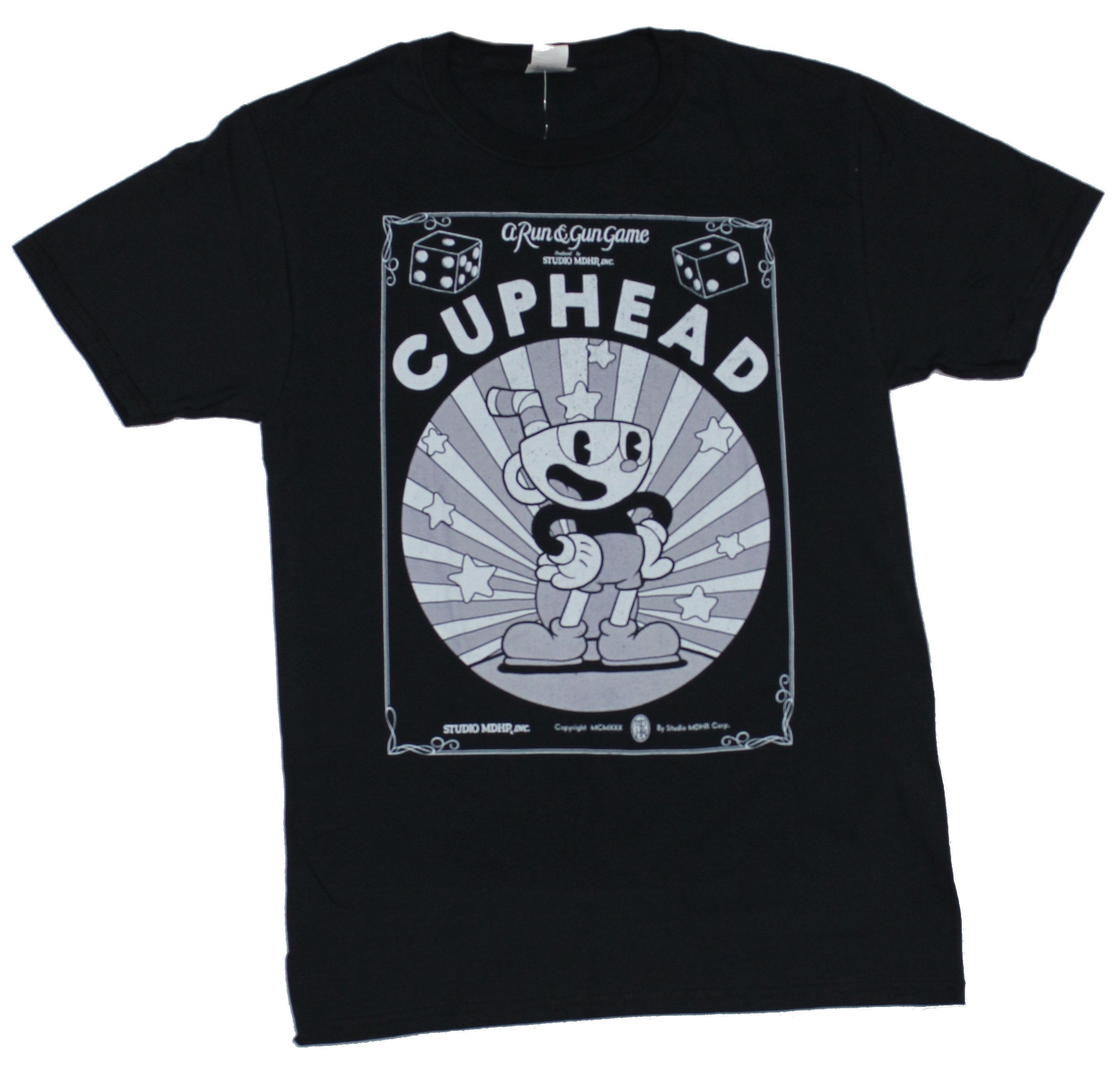 Cuphead Mens T-Shirt - A Run & Gun Game Beaming B & W Image