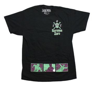 One Piece Mens T-Shirt - Roronoa Zoro Lapel Logo and Image on Back