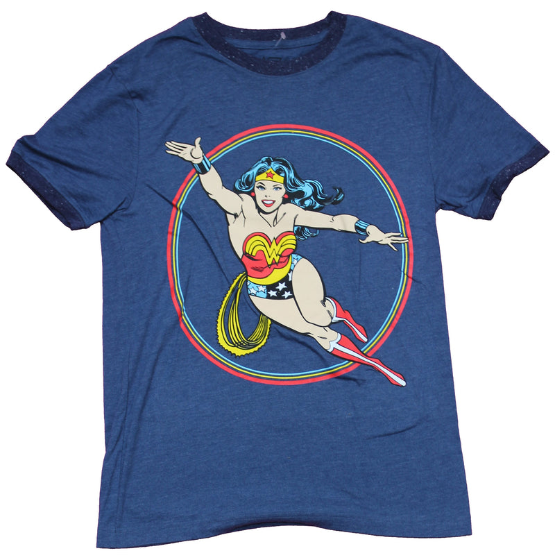 Wonder Woman Mens T-Shirt - Ringer Comic Style In Rainbow Circle