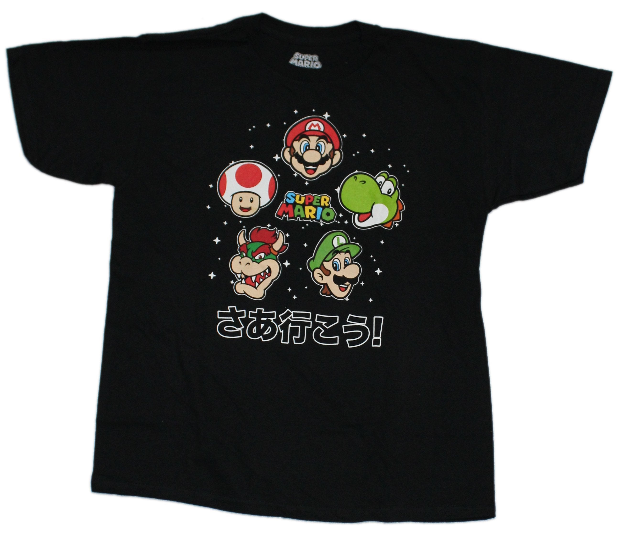 Super Mario Brothers Mens T-Shirt - Profiles Around Logo Over Kanji
