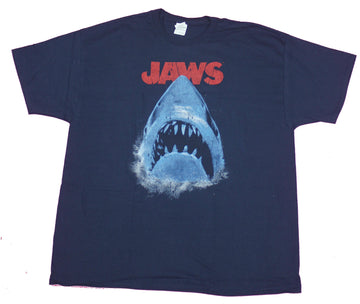 Jaws Mens T-Shirt- Distressed Big Mouth Shark Under Red Name Image