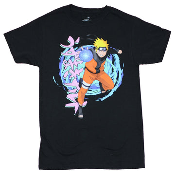 Naruto Shippuden Mens T-Shirt - Blue Swirl Pink Kanji Attack Image