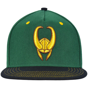 Marvel Loki Baseball Hat, Gold Embroidered Logo Adult Snapback Cap with Flat Brim, Green, One Size