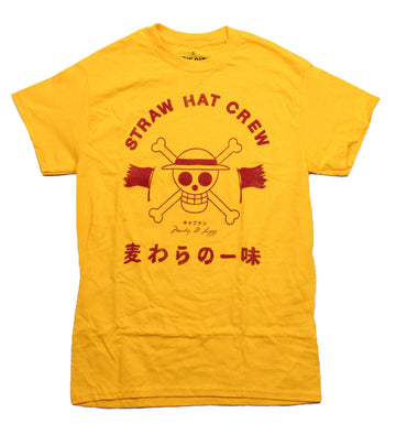 One Piece Mens T-Shirt - Red Straw Hat Crew Skull Symbol over Kanji