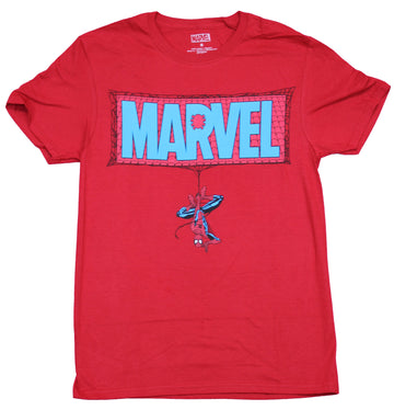 Spider-man Mens T-Shirt  - Dangling Spider-man From Classic Marvel Logo