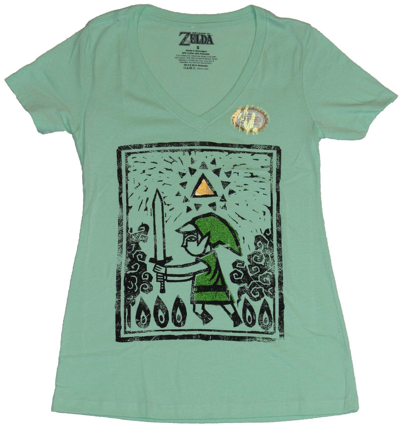 Legend of Zelda Girls Juniors T-Shirt  - Stylized Link Triforce Woodcut Image