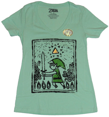 Legend of Zelda Girls Juniors T-Shirt  - Stylized Link Triforce Woodcut Image