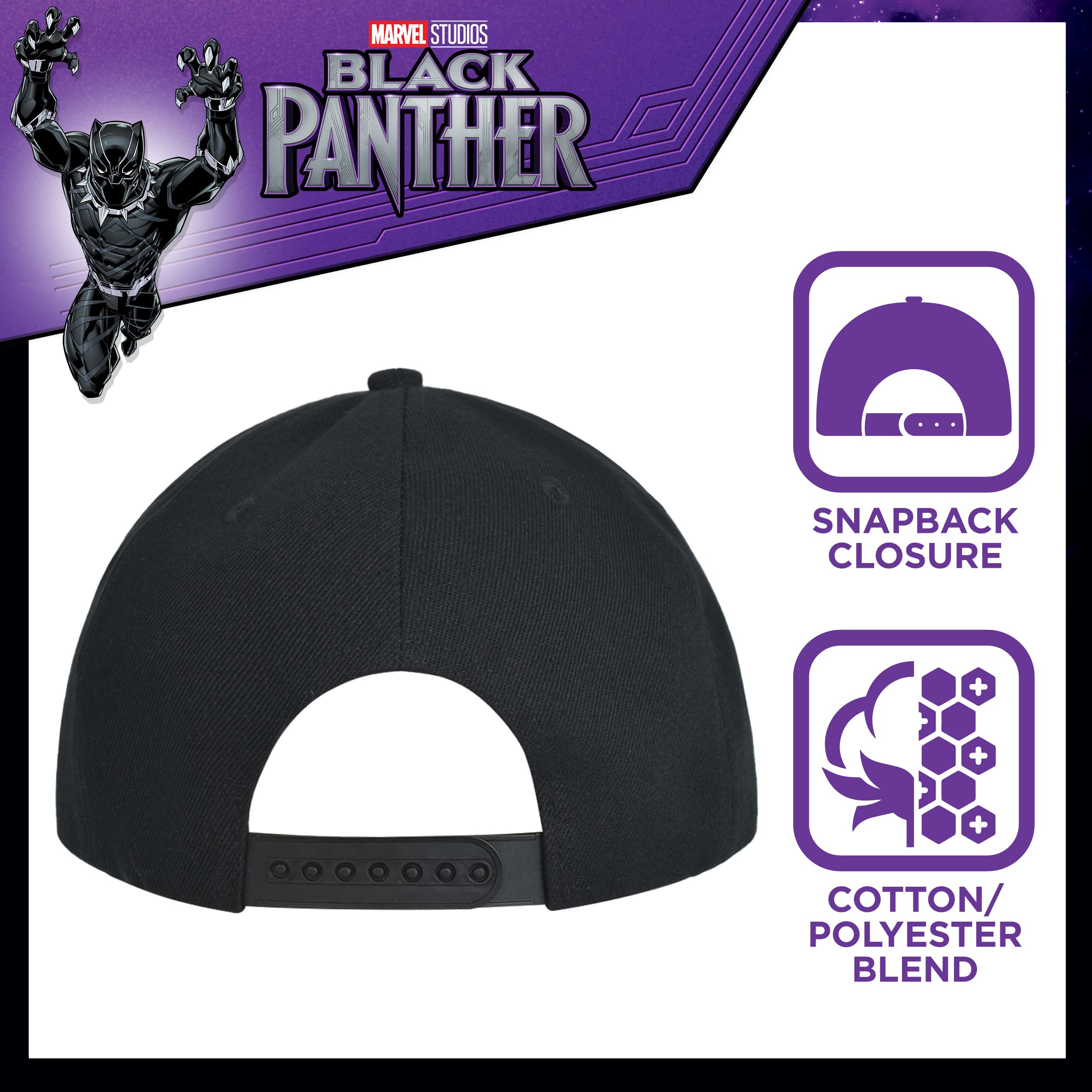 Marvel Black Panther Baseball Cap, Claw Necklace Snapback Flat Brim Hat, Black, One Size