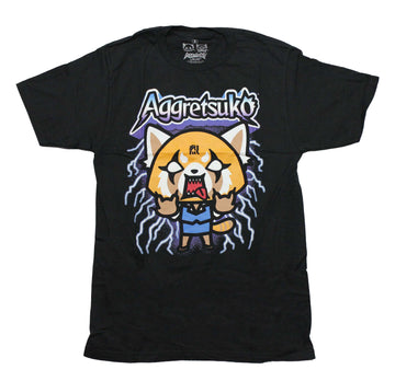 Aggretsuko Mens T-Shirt - Rock & Roll Hand Signs Lightning Background