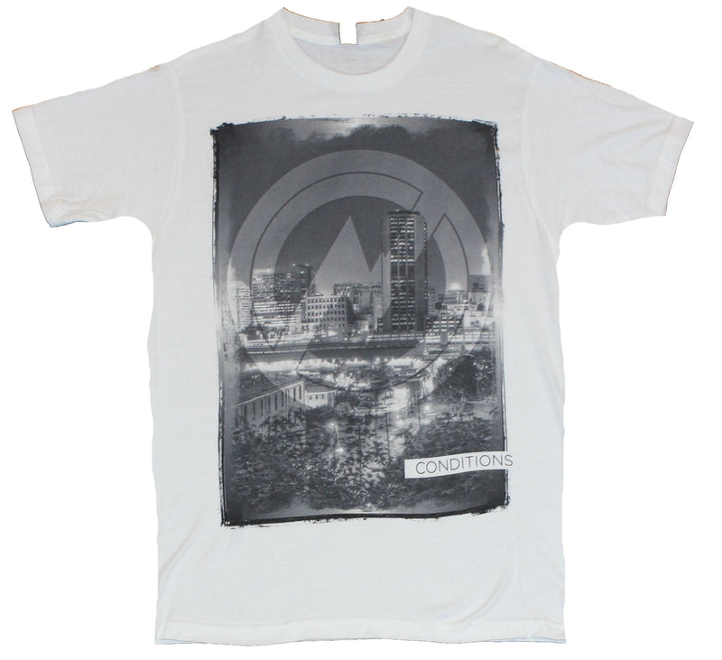 Conditions Mens T-Shirt  - Cityscaped Black and White Logo Image