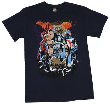 Marvel Comics Mens T-Shirt -  "Bring On The Heroes" Spidey Cap & Thor Image
