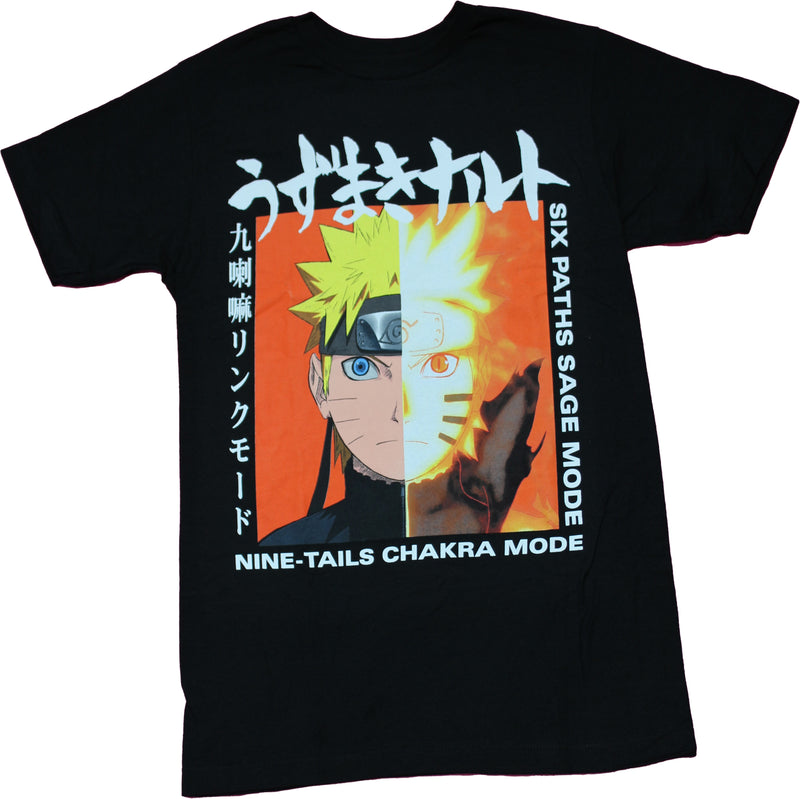 Naruto Shippuden Mens T-Shirt - Split Face Below Kanji in Box