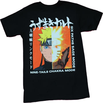Naruto Shippuden Mens T-Shirt - Split Face Below Kanji in Box
