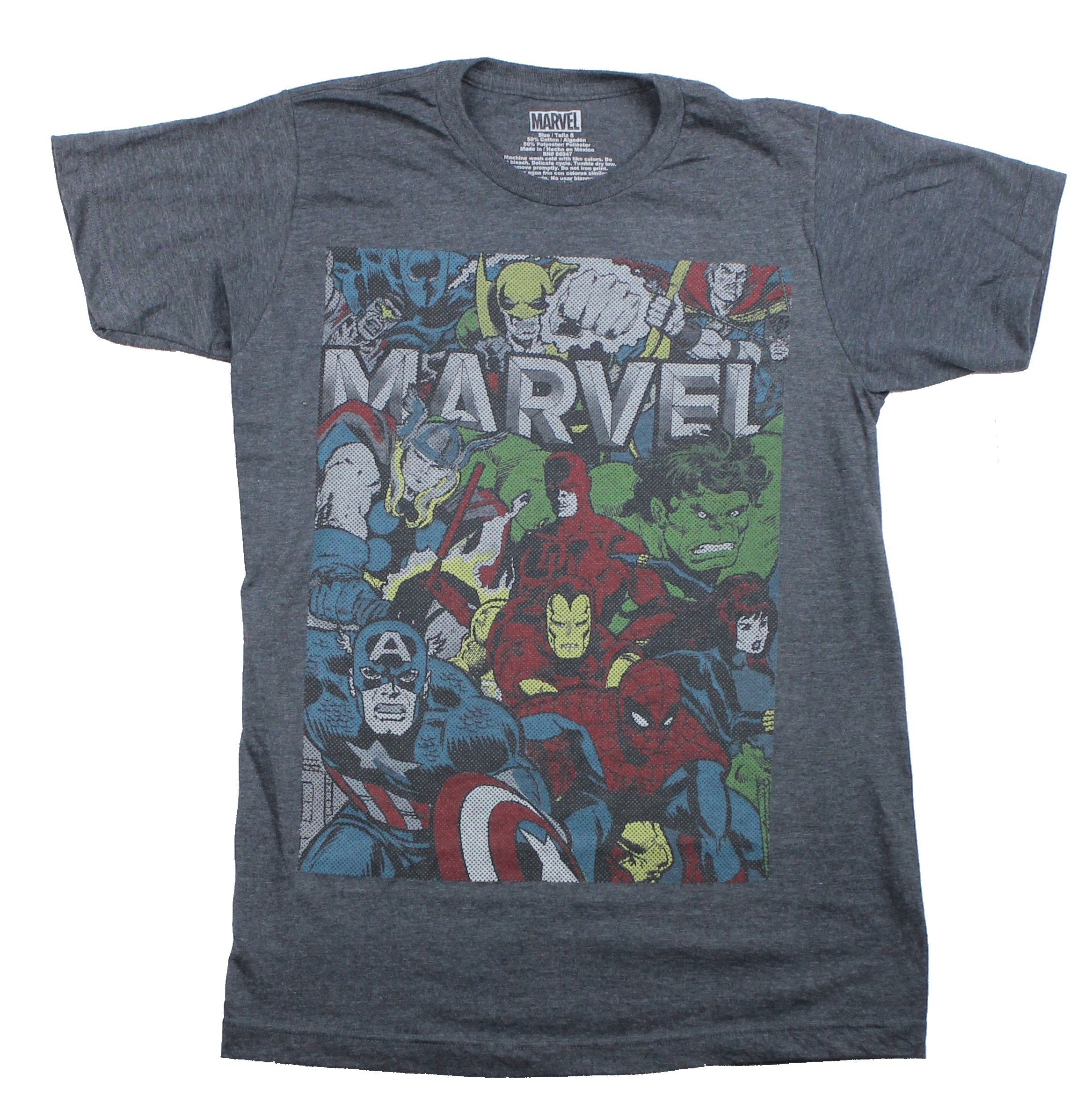 Marvel Comics Mens T-Shirt Newsprint Logo Surrounded By