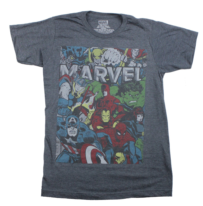 Marvel Comics Mens T-Shirt - Newsprint Logo Surrounded By Heroes Image - Inmyparentsbasement.com