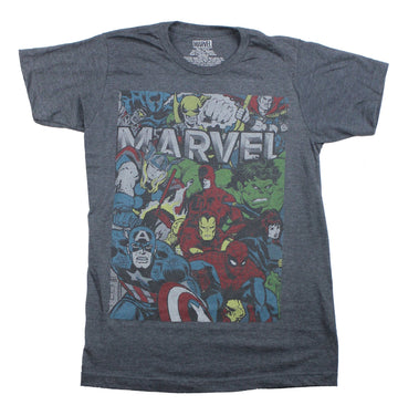 Marvel Comics Mens T-Shirt - Newsprint Logo Surrounded By Heroes Image