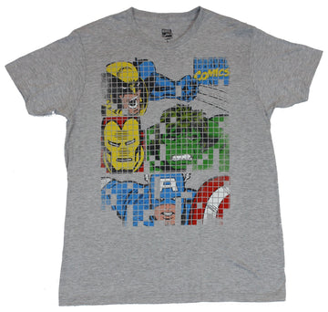 Marvel Comics Mens T-Shirt - Wolverine Iron Man Hulk & Cap Gridwork Image