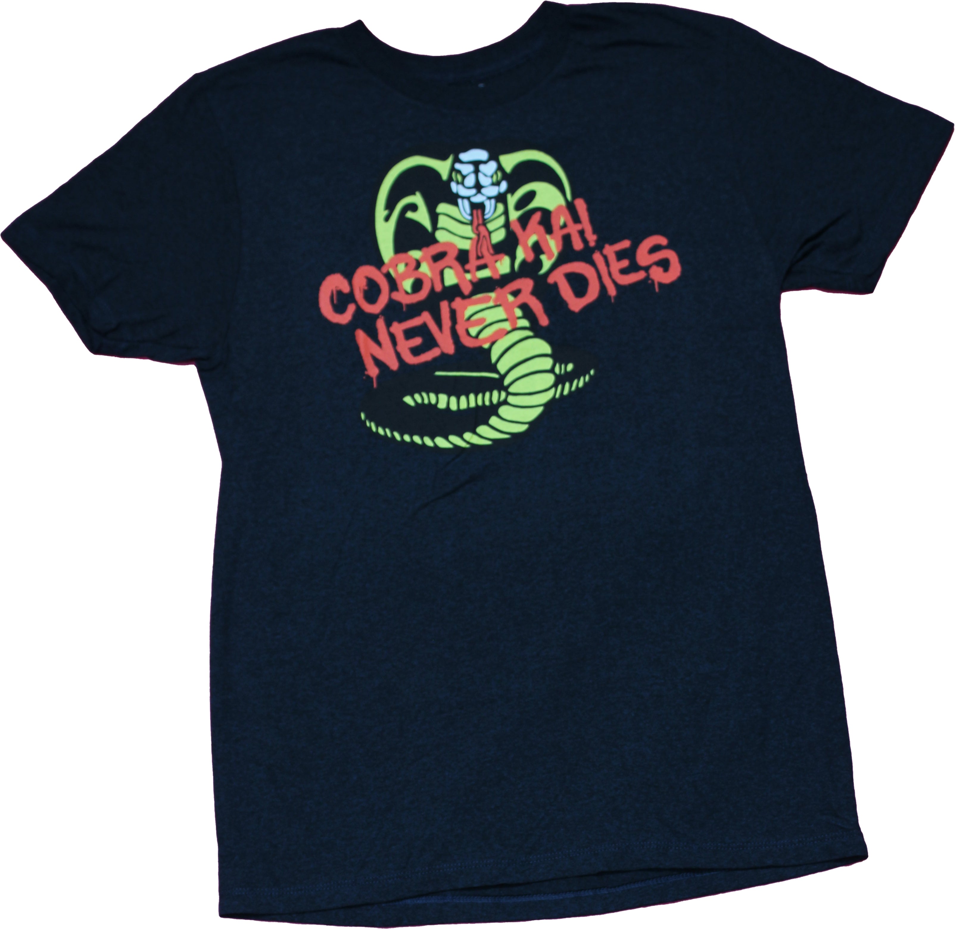 Cobra Kai Mens T-Shirt - Cobra Kai Never Dies Graffitti Over Logo