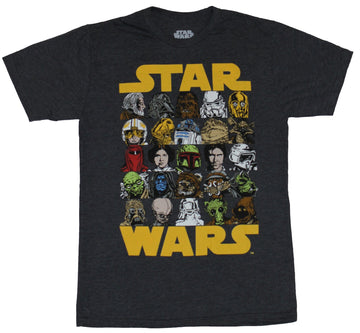 Star Wars Mens T-Shirt - Yellow Logo With 25 Character Checker Board Style Image