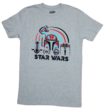 Star Wars Mens T-shirt - Boba Fett Helmet Blue Red Ships Surrounded