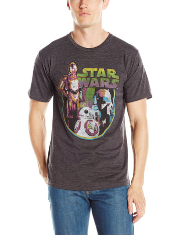 Star Wars Mens T-Shirt - Neon Distressed C-3PO BB-8 R2-D2 Image
