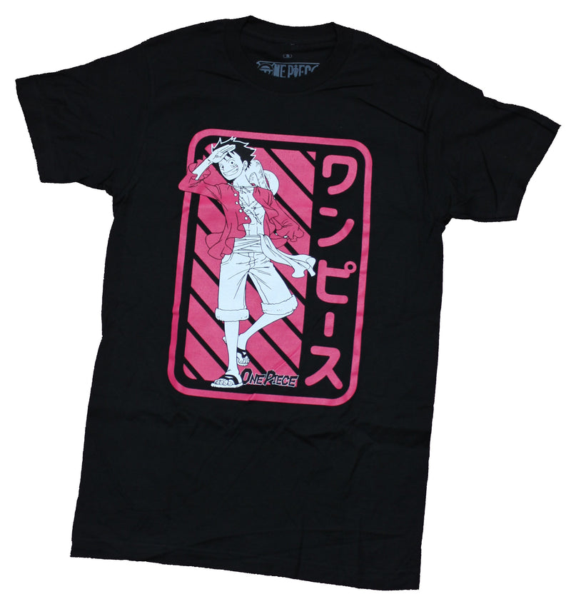 One Piece Mens T-Shirt - Luffy Salute Posed in Kanji Box