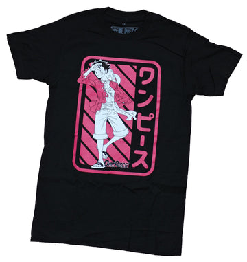 One Piece Mens T-Shirt - Luffy Salute Posed in Kanji Box