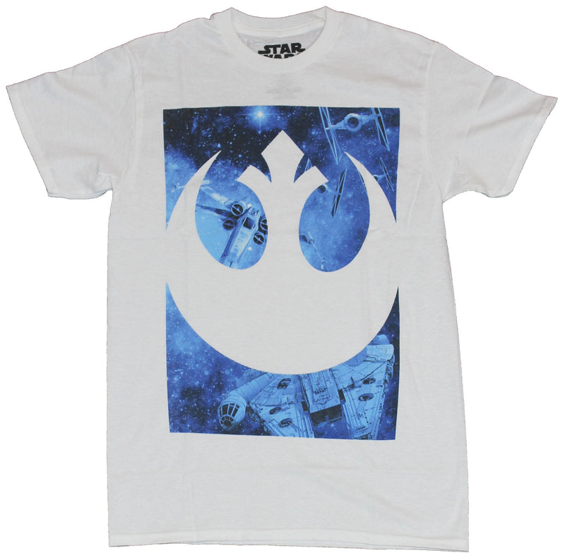 Star Wars Mens T-Shirt - White Rebel Symbol Over X-Wing Tie Fighter Battle