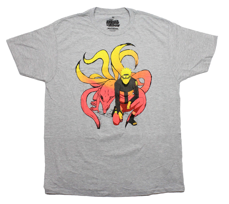Naruto Shippuden Mens T-Shirt - Naruto Kneeling In Front of 9 Tailed Beasts