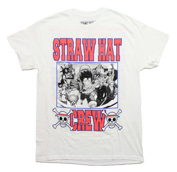 One Piece Mens T-Shirt - Straw Hat Crew Blue Outline Large Print Names Back