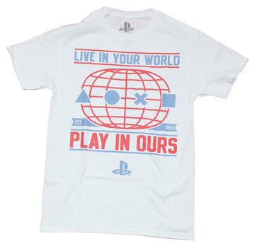 PlayStation Mens T-Shirt - Live in Your World Play in Ours Button Globe