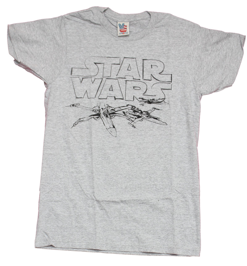 Star Wars Mens T-Shirt - X-wing Sketch Flying Under Logo