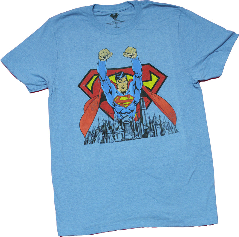 Superman Mens T-Shirt  Flying Over Metropolis & Logo