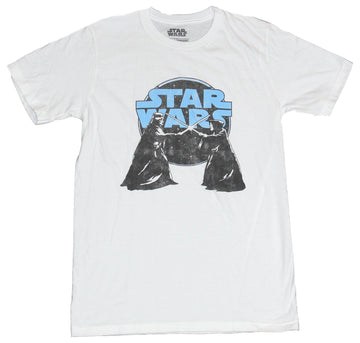 Star Wars Mens T-Shirt -  Blue Word Logo Over Darth Vader Obi Wan Saber Battle
