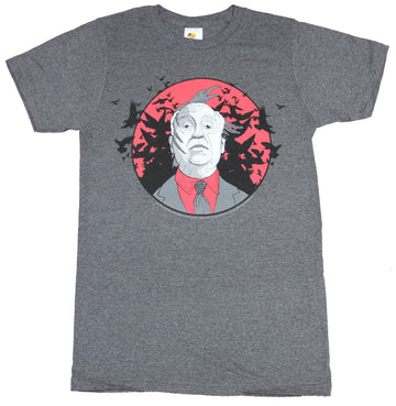 Alfred Hitchcock Mens T-Shirt - Drawn Portrait in Red Circle of Birds
