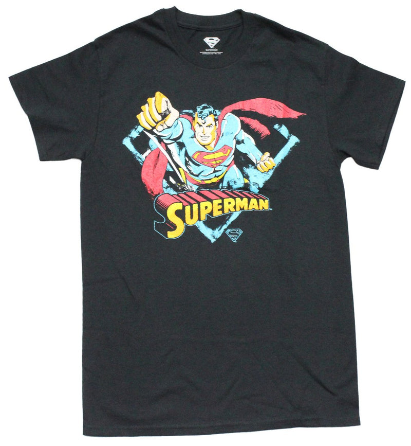 Superman Mens T-Shirt - Distressed Flying Pose Over Name Through Logo