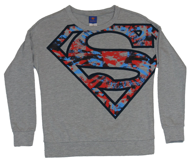 Superman Girls Juniors Pullover Sweatshirt - Big Blue Red Splattered Logo