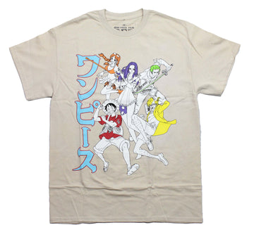 One Piece Mens T-Shirt - All White Black Outline Cast Along Blue Kanji