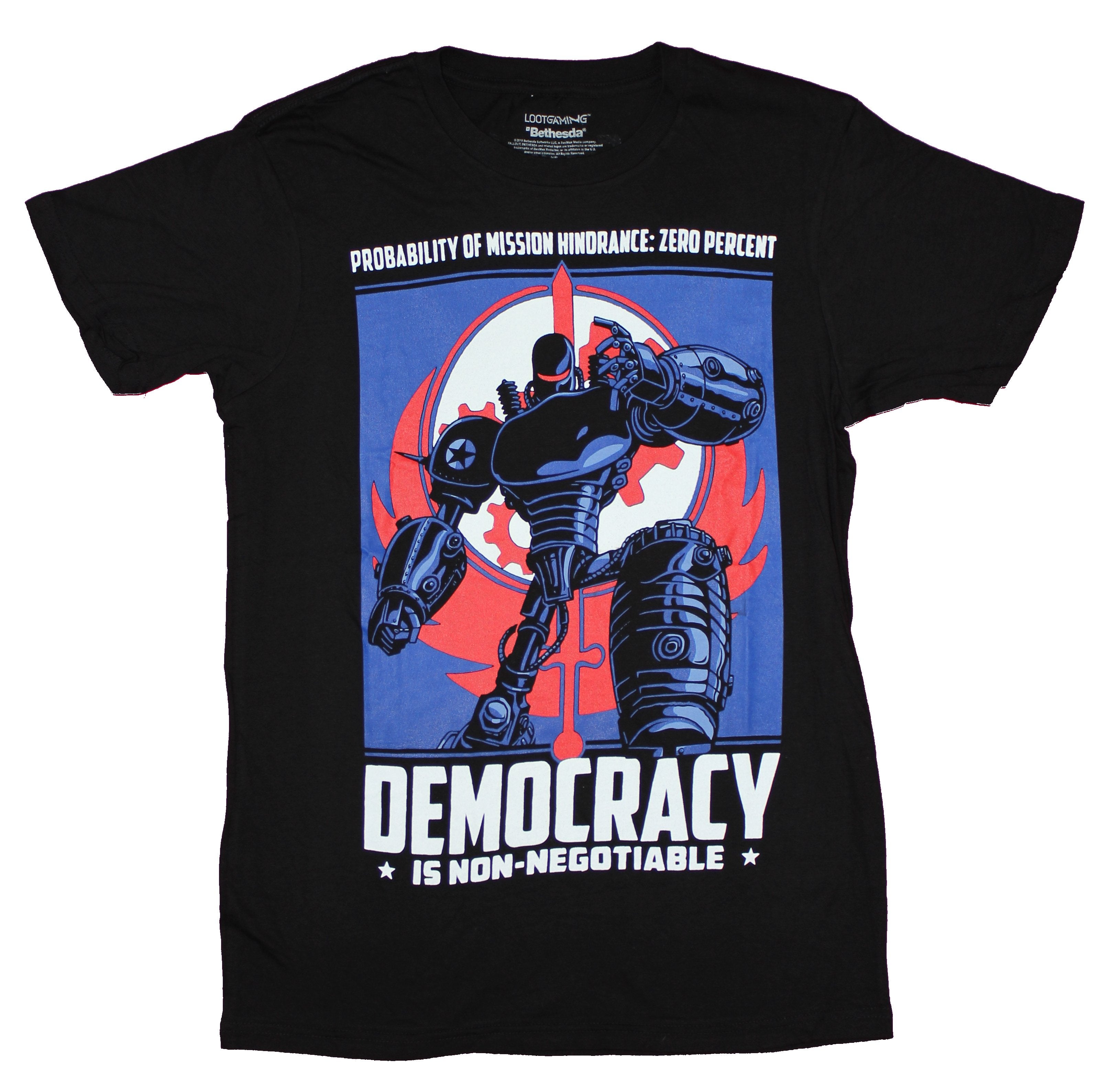Fallout Mens T-Shirt- Democracy is Non-Negotiable Robot Image