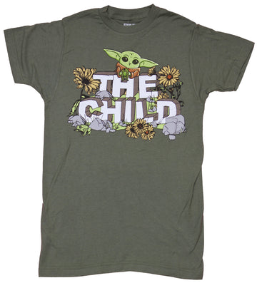 Star Wars The Mandalorian Mens T-Shirt - The Child Flowered Rocky Name Logo