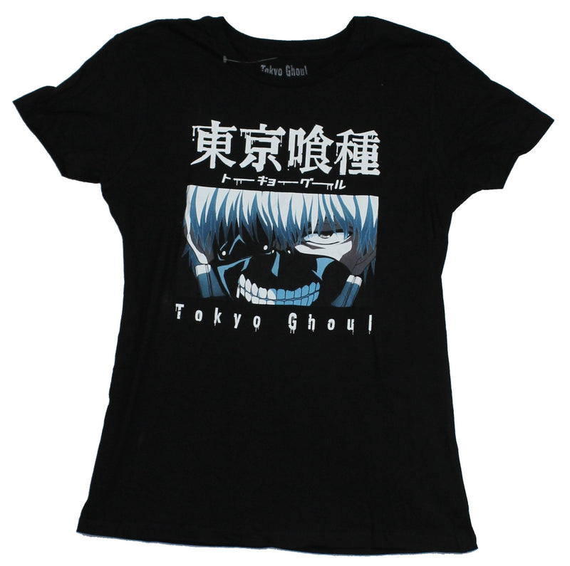 Tokyo Ghoul Girls Juniors T-Shirt - Blue Toned Ghoul Face Kanji Logo - Inmyparentsbasement.com