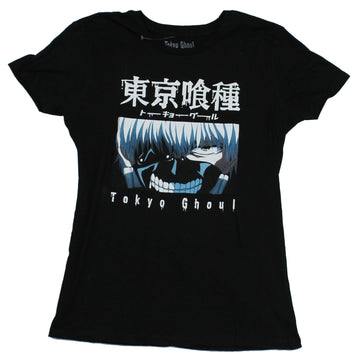 Tokyo Ghoul Girls Juniors T-Shirt - Blue Toned Ghoul Face Kanji Logo