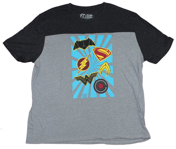 Justice League Mens Yoke T-Shirt- Multiple Logos Of the Justice Team Beaming